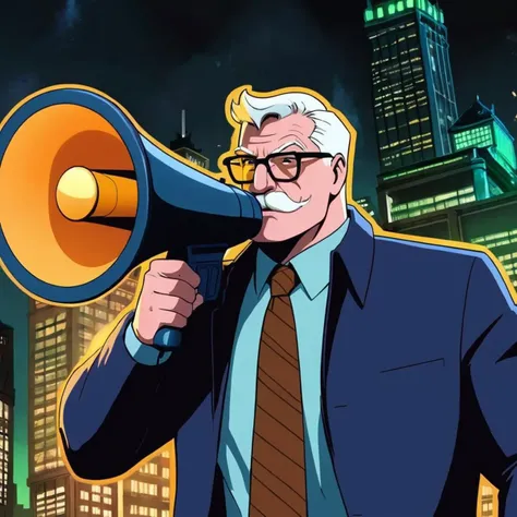 anime artwork of <lora:Commissioner Gordon:1.2>
Commissioner Gordon a man in a suit and tie holding a megaphone in Gotham city universe, anime style, key visual, vibrant, studio anime, highly detailed