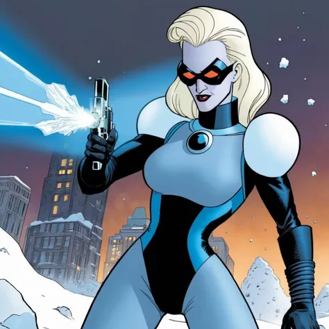comic book art of <lora:Mr. Freeze:1.2>
Mr. Freeze a blonde woman holding an ice gun with ice muzzle flash in a snow area In Gotham City, comic art, graphic novel illustration