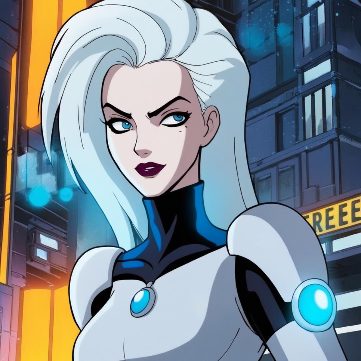 A woman with blue hair and a blue dress standing in front of a building ...