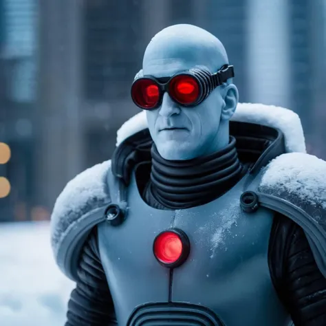 cinematic film still of  <lora:Mr. Freeze:1.2>
Mr. Freeze a frozen man with a red goggles and a cold suit In Gotham City, shallow depth of field, vignette, highly detailed, high budget, bokeh, cinemascope, moody, epic, gorgeous, film grain, grainy