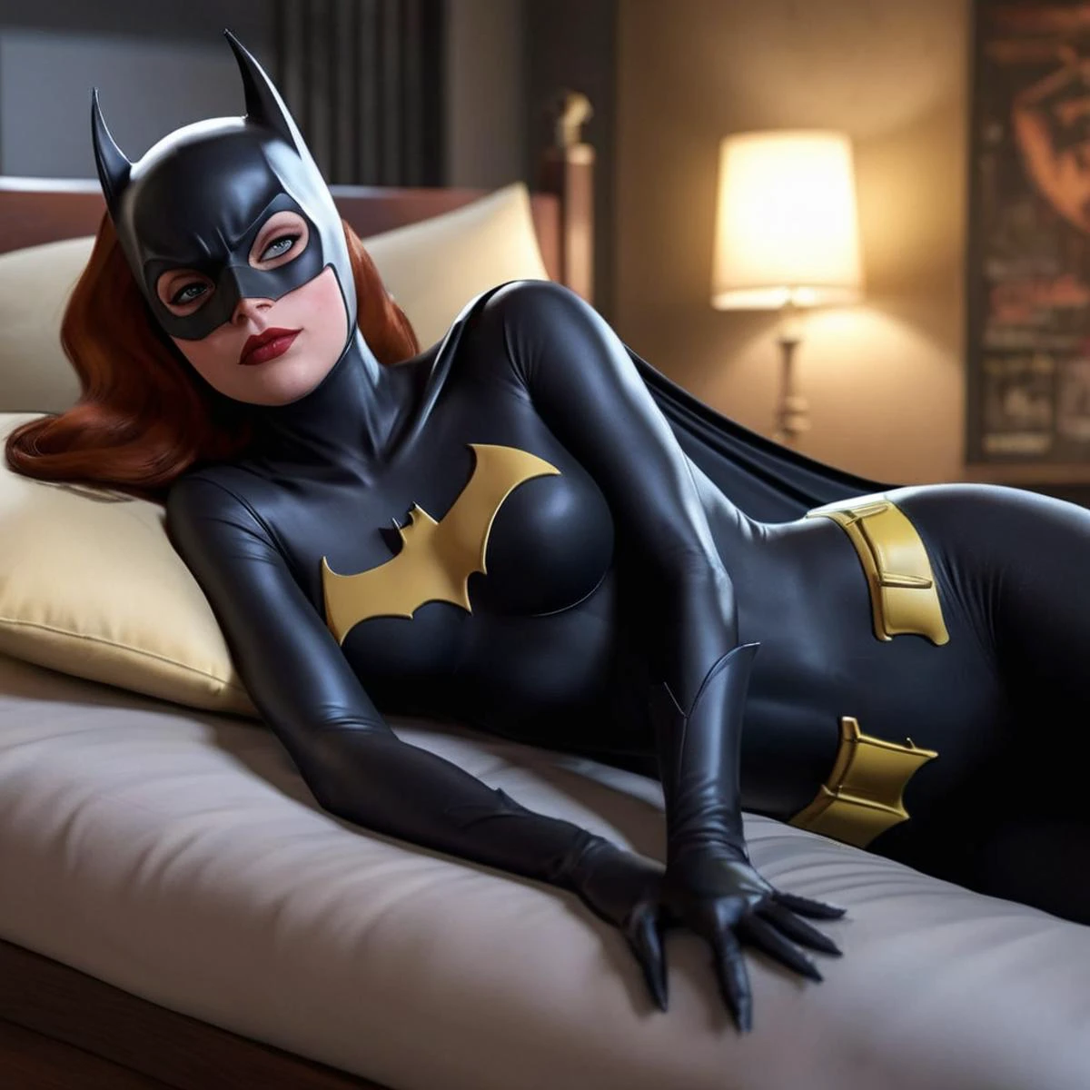 Hyperrealistic art of <lora:Anime_Batgirl:1>
Batgirl a cartoon naked breasts woman in a naked batgirl mask is laying on a bed In Gotham City Universe, Extremely high-resolution details, photographic, realism pushed to extreme, fine texture, incredibly lifelike
