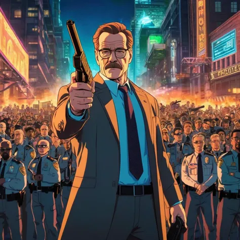 anime artwork of  <lora:Commissioner Gordon:1>
An epic movie scene starting Bryan Cranston as Commissioner Gordon a man holding a gun in front of a police crowd in Gotham city universe, anime style, key visual, vibrant, studio anime,  highly detailed