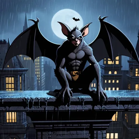 Gothic style, <lora:Man-Bat:1.2>
Man-Bat a cartoon of a bat creature on a ledge in rain in Gotham city universe, Dark, mysterious, haunting, dramatic, ornate, detailed