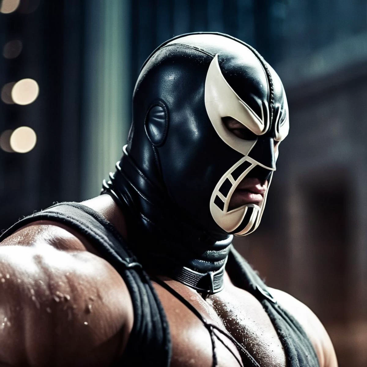 cinematic film still of <lora:Bane:1.2>
Bane a comic book cover with a giant shredded bodybuilding supervillain monster in a latex mask In Gotham City, shallow depth of field, vignette, highly detailed, high budget, bokeh, cinemascope, moody, epic, gorgeous, film grain, grainy