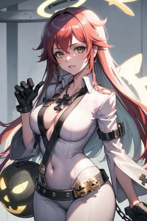 ((masterpiece)), (best quality), (detailed), (1 girl), <lora:jack:1>,jack-o' valentine,red hair,white bodysuit,gloves,halo,cross,belt,chain,ball & chain restraint,ankh,mask,shackles,cleavage,necklace,buckle,jewelry,chained,wide sleeves