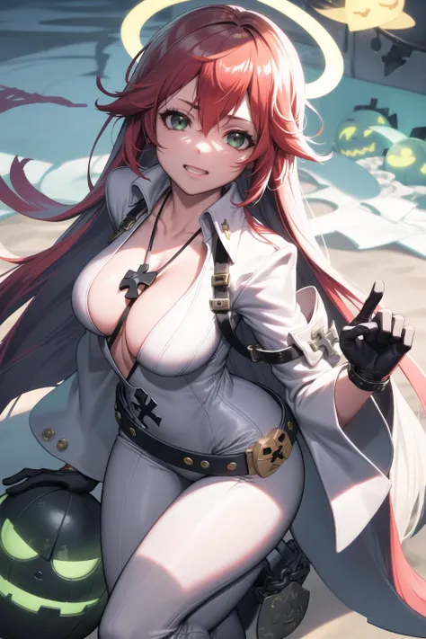 ((masterpiece)), (best quality), (detailed), (1 girl), <lora:jack:1>,jack-o' valentine,red hair,white bodysuit,gloves,halo,cross,belt,chain,ball & chain restraint,ankh,mask,shackles,cleavage,necklace,buckle,jewelry,chained,wide sleeves,beach,sunny,dynamic angle