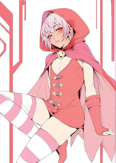 score 9, score 8 up, score 7 up, uncensored
femboy, red cape, hood, striped thigh highs, 
<lora:[Zenra QQ]:1>