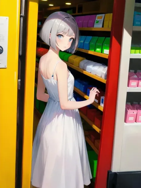 masterpiece,
1girl, 
 <lora:041:-1>white dress, grey hair, bob cut, shop,