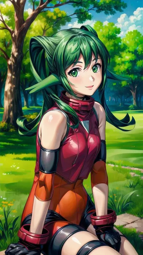 masterpiece, 
1girl, solo,solo focus, 
solty revant, green hair, red tops, bare shoulders, bodysuit, gloves, park background,green eyes, sitting,on grass,leaning tree,  
 facing viewer,cowboy shot, standing,  smile, 
 <lora:solty-v4:0.7> <lora:flat2:-1> <lora:BCC_v2.0:-1>