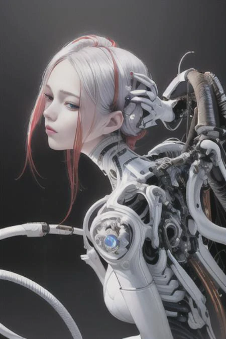 complex 3d render ultra detailed of a beautiful porcelain profile woman android face, red hair, cyborg, robotic parts, 150 mm, beautiful studio soft light, rim light, vibrant details, luxurious cyberpunk, lace, hyperrealistic, anatomical, facial muscles, cable electric wires, microchip, elegant, beautiful background, octane render, H. R. Giger style, 8k, best quality, masterpiece, illustration, an extremely delicate and beautiful, extremely detailed ,CG ,unity ,wallpaper, (realistic, photo-realistic:1.37),Amazing, finely detail, masterpiece,best quality,official art, extremely detailed CG unity 8k wallpaper, absurdres, incredibly absurdres, robot, silver halmet, full body, sitting