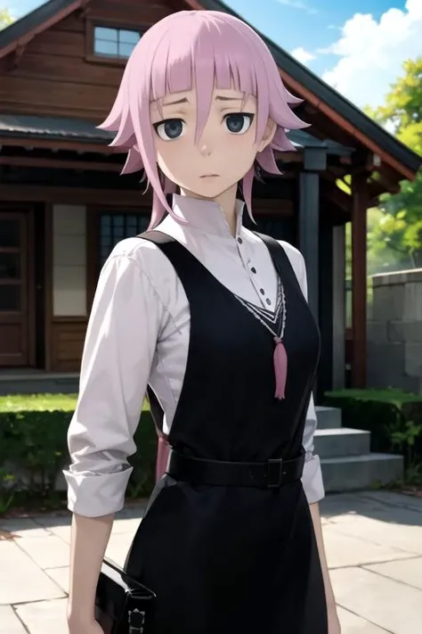 masterpiece, best quality, game cg, 1girl, solo, looking at viewer, , depth of field, ligne claire, realistic, <lora:crona_soul_eater:0.70>, crona_soul_eater, pink hair, black eyes, bags under eyes, native american costume, The Shrine of the Lost, 4k resolution