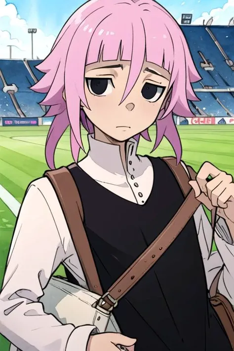masterpiece, best quality, wallpaper, 1boy, solo, male focus, looking at viewer, upper body, depth of field, (watercolor illustration, soft pastel colors:1.1), , <lora:crona_soul_eater:0.74>, crona_soul_eater, pink hair, black eyes, , bags under eyes, pirate costume, soccer field, 12k resolution