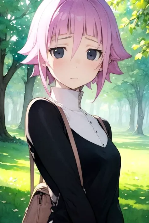 masterpiece, best quality, sketch, 1girl, solo, looking at viewer, , depth of field, (watercolor illustration, soft pastel colors:1.1), realistic, <lora:crona_soul_eater:0.74>, crona_soul_eater, pink hair, black eyes, bags under eyes, forest fairy costume, dieselpunk,