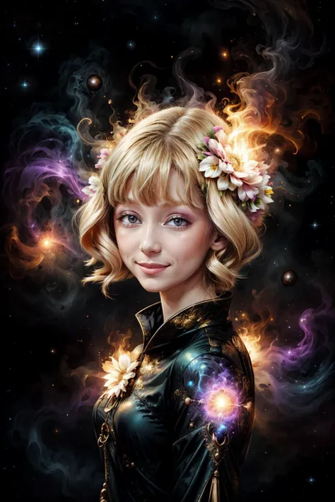 voidparadigm IncrsAnyasHehFaceMeme young pale blonde woman wearing a flowery dress, fire theme, voidminion, voidpsychic, cosmic background <lora:Atomic_Undead:0.5>  <lora:AnyasHehFaceMeme:1.2>