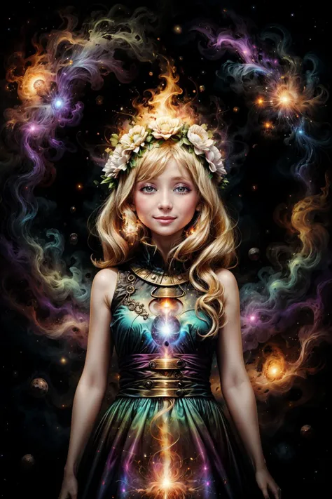 voidparadigm IncrsAnyasHehFaceMeme young pale blonde woman wearing a flowery dress, fire theme, voidminion, voidpsychic, cosmic background <lora:Atomic_Undead:0.5>  <lora:AnyasHehFaceMeme:1>