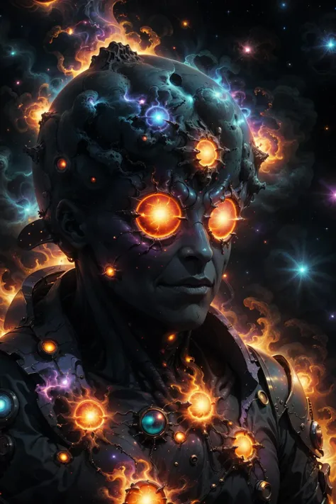 voidparadigm man, voidminion, psychic, fire theme, cosmic background, <lora:Atomic_Undead:0.8>