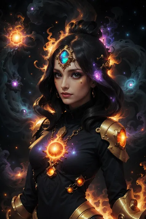 voidparadigm woman, fire theme, voidminion, voidpsychic, cosmic background, <lora:Atomic_Undead:0.6>