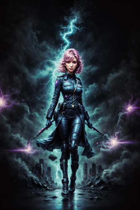 voidparadigm, policewoman, voidminion, (psychic:1.3), lightning theme, urban background <lora:Atomic_Undead:0.2>