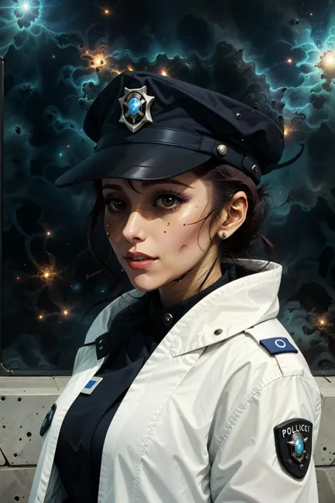 voidparadigm policewoman, urban background, <lora:Atomic_Undead:1.35>
