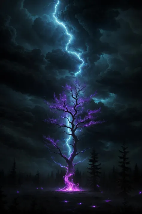 voidparadigm tree, storm theme, forest background, <lora:Atomic_Undead:0.6>