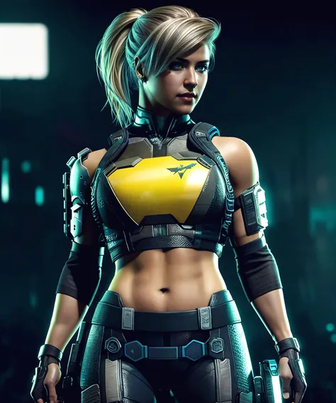 cassie cage, a cute woman, fighter, standing, posing, leaning, perfect lighting, hyperdetailed, 8k, UHD, sharp focus <lora:Cassie:0.85>, by conor harrington, (Cyberpunk), futuristic, neon, urban, dystopian