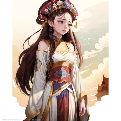 1girl, standing in the clouds, white background, cloudy sky,
Chinese drama costume,
<lora:guochao_v3:1>, (((masterpiece))), (((best quality))), ((ultra-detailed)),(detailed light),((an extremely delicate and beautiful)),