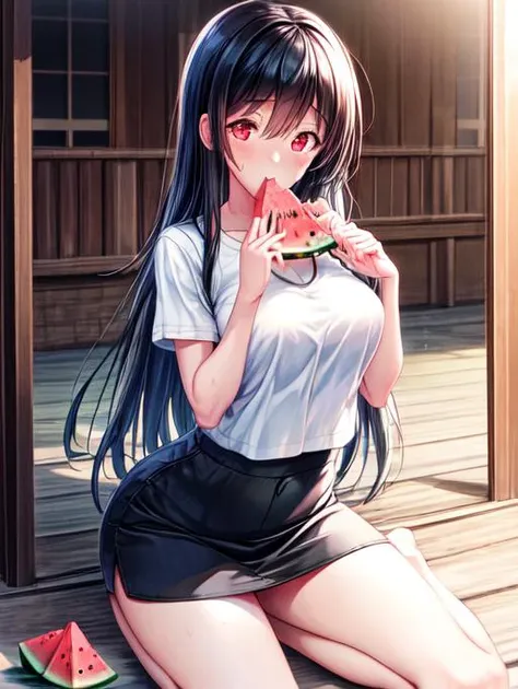 best quality, masterpiece, highres, detailed, perfect anatomy, <lora:Detail - add_detail:0.2>,  <lyco:Action - EatingWM:0.8>, EatingWM, watermelon, holding watermelon,   <lora:Character - Hoshimi:0.8>, hoshimi, 1girl, black hair, red eyes, white shirt, pencil skirt,