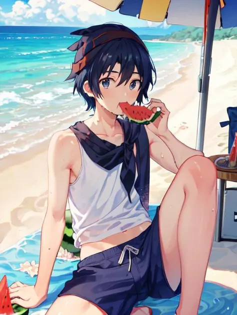 best quality, masterpiece, highres, detailed, perfect anatomy, <lora:Detail - add_detail:0.2>,  <lyco:Action - EatingWM:0.8>, EatingWM, watermelon, holding watermelon, beach, swim trunks, bandana, sun, <lora:Character - KojiM:0.7>, 1boy, 1man, short hair, KojiM