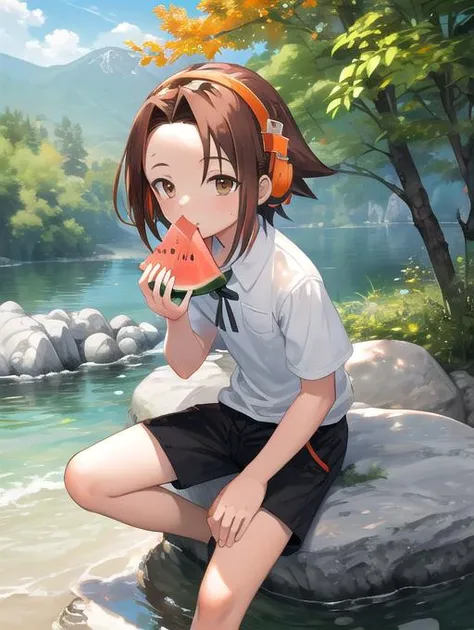 best quality, masterpiece, highres, detailed, perfect anatomy, <lora:Detail - add_detail:0.2>,  <lyco:Action - EatingWM:0.8>, EatingWM, watermelon, outdoors, rock, sitting on rock, asakurayoh, brown hair, orange headphones, 1boy,  <lora:Character - AsakuraYoh:0.8>, forehead,