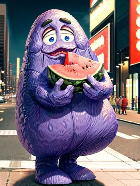 best quality, masterpiece, highres, detailed, perfect anatomy, <lora:Detail - add_detail:0.2>, <lyco:Action - EatingWM:0.8>, EatingWM, watermelon, holding watermelon, <lora:Character - Grimace:1>, Grimace, mascot, purple, outdoors, city,