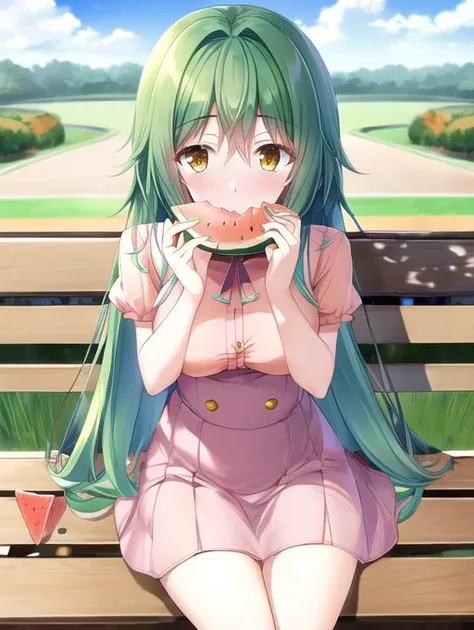 best quality, masterpiece, highres, detailed, perfect anatomy, <lora:Detail - add_detail:0.2>,  <lyco:Action - EatingWM:0.8>, EatingWM, watermelon, holding watermelon,  <lora:Character - TokohaV:0.8>, green hair, orange eyes, long hair, sitting on bench, pink dress, park, teenager, medium breasts, buttons, high-waist skirt, TokohaV