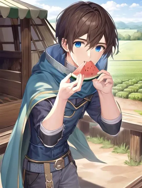 best quality, masterpiece, highres, detailed, perfect anatomy, <lora:Detail - add_detail:0.2>,  <lyco:Action - EatingWM:0.8>, EatingWM, watermelon, holding watermelon, <lora:Character - JaceM:0.8>, JaceMind, farm, fields, brown hair, blue eyes, pants, blue cloak, 1boy, short hair,