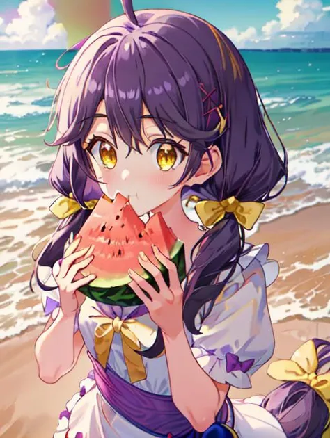 best quality, masterpiece, highres, detailed, perfect anatomy, <lora:Detail - add_detail:0.2>,  <lyco:Action - EatingWM:0.8>, EatingWM, watermelon, holding watermelon, beach, <lora:Character - Sango:0.8>, sango, purple hair, yellow eyes, twintails, low twintails, yellow ribbon, purple dress, bow, hair clips, ahoge,