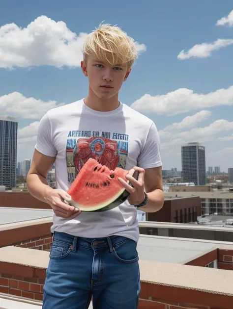 best quality, masterpiece, highres, detailed, perfect anatomy, <lora:Detail - add_detail:0.2>,  <lyco:Action - EatingWM:0.8>, EatingWM, watermelon, holding watermelon, american, jeans, t-shirt, rooftop, 1man, blonde hair,