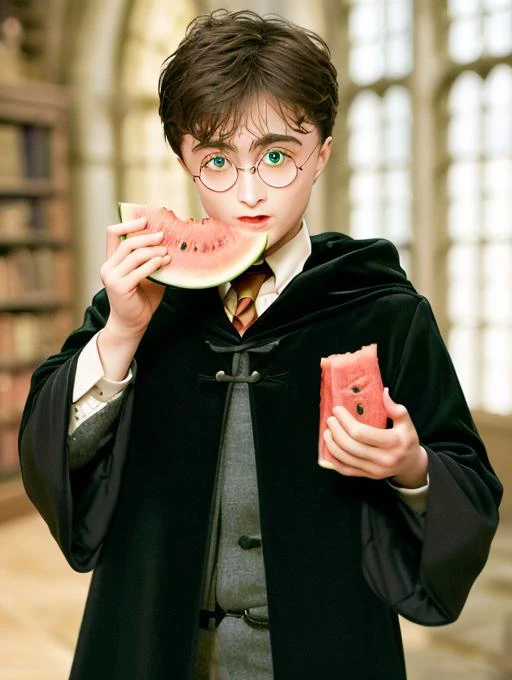 best quality, masterpiece, highres, detailed, perfect anatomy, <lora:Detail - add_detail:0.2>,  <lyco:Action - EatingWM:0.8>, EatingWM, watermelon, holding watermelon, HarryPotter,  <lora:Character - HarryPotter:0.8>, green eyes, black hair, hogwarts, 1man, teenager, robes, black pants, realistic, Daniel Radcliffe, glasses,