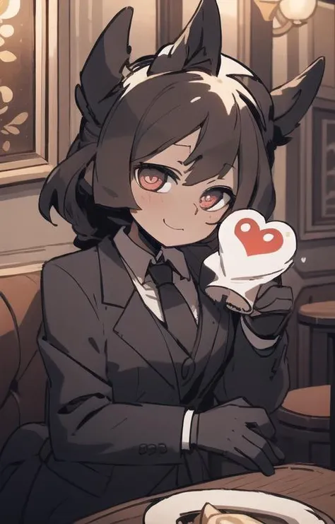 best quality, masterpiece, best shadow, shade, beautiful lighting, High Contrast, modeus with heart shapes and heart shaped pupils, coffee shop, night, colored lights,formal wear <lora:Helltaker:0.6><lora:Masterpiace:0.2> <lora:40_niji:0.3> <lora:mangguo:1>