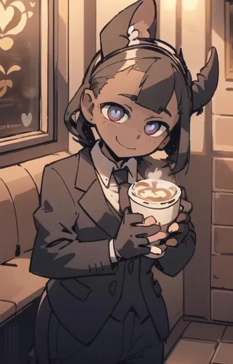 best quality, masterpiece, best shadow, shade, beautiful lighting, High Contrast, modeus with heart shapes and heart shaped pupils, coffee shop, night, colored lights,formal wear <lora:Helltaker:0.6><lora:Masterpiace:0.2> <lora:40_niji:0.3> <lora:mangguo:1>