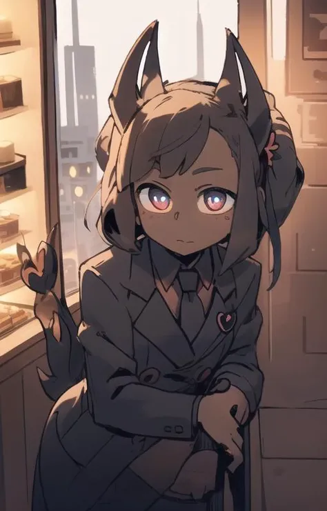 best quality, masterpiece, best shadow, shade, beautiful lighting, High Contrast, modeus with heart shapes and heart shaped pupils, coffee shop, night, colored lights,formal wear <lora:Helltaker:0.6><lora:Masterpiace:0.2> <lora:40_niji:0.3> <lora:mangguo:1>