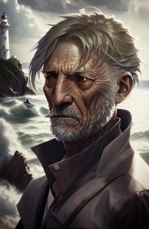 face portrait of an rugged (old fisherman:1.3), (face focus:1.5), (storm:1.2), (waves:1.3), ocean, (lighthouse background:1.3), (cowboy shot:1.4), (white turtleneck knitted sweater:1.3), looking at viewer, realistic, masterpiece, highest quality, backlighting, (lens flare:1.1), (bloom:1.1), (chromatic aberration:1.1), by Jeremy Lipking, by Antonio J. Manzanedo, digital painting<hypernet:SamArt:0.029>