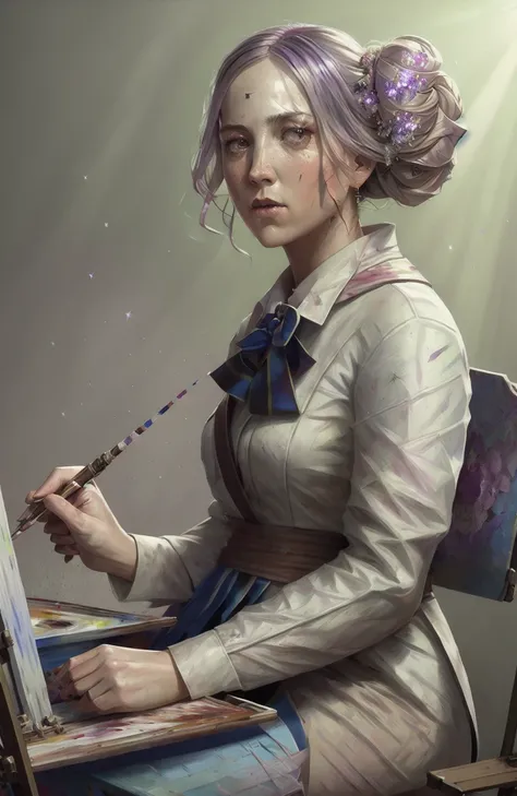 award winning portrait photo of a woman painting on a large canvas, paint splatter, bloom, (light sparkles:1.2), chromatic aberration, (lens flare:1.2), sharp focus,photorealistic painting art by midjourney and greg rutkowski, Style-Hoggy