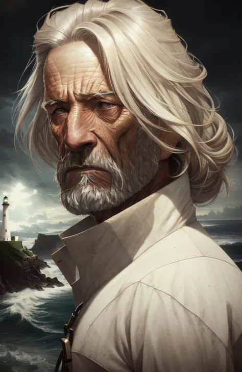 face portrait of an rugged (old fisherman:1.3), (face focus:1.5), (storm:1.2), (waves:1.3), ocean, (lighthouse background:1.3), (cowboy shot:1.4), (white turtleneck knitted sweater:1.3), looking at viewer, realistic, masterpiece, highest quality, backlighting, (lens flare:1.1), (bloom:1.1), (chromatic aberration:1.1), by Jeremy Lipking, by Antonio J. Manzanedo, digital painting