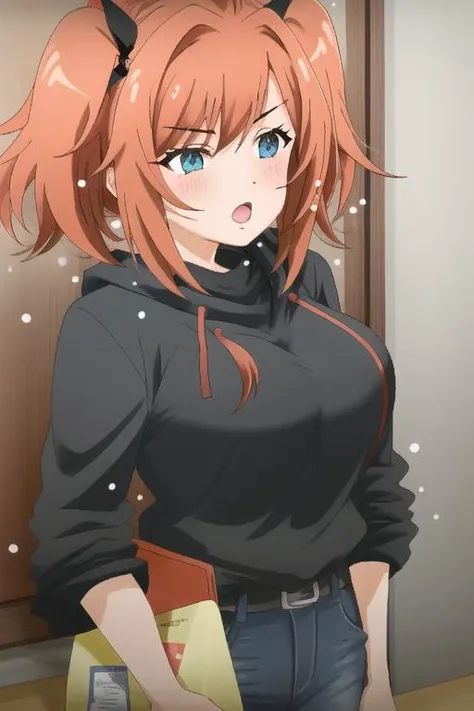 <lora:TomuStyle:1>, tomustyle, 1girl, standing, red hair, twintails, large breasts,