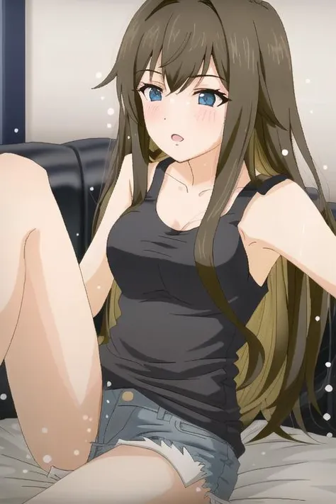 <lora:TomuStyle:1>, tomustyle, 1girl, sitting, brown hair, very long hair, medium breasts, tank top,
