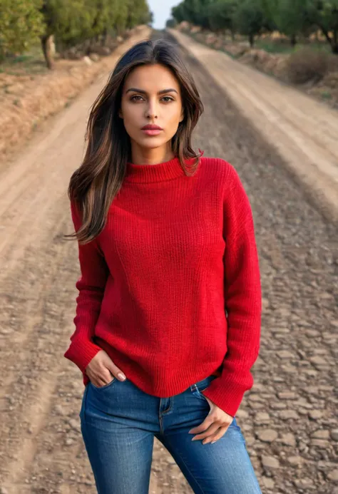 <lora:instagirl2:1>, instagirl2, realistic photo of a woman, wearing a red sweater, wearing jeans, on a dirt road, (sharp forcus, highly detailed, 4k, 8k, best quality, masterpiece, ultra highres:1), front view, medium close up head shot