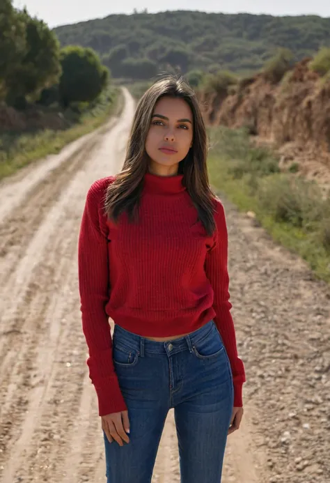 <lora:instagirl2:1>, instagirl2, realistic photo of a woman, wearing a red sweater, wearing jeans, on a dirt road, (sharp forcus, highly detailed, 4k, 8k, best quality, masterpiece, ultra highres:1), front view, medium close up head shot