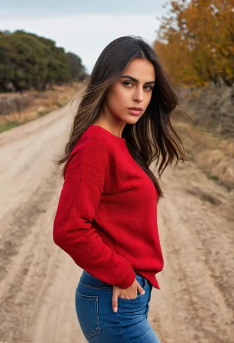 <lora:instagirl2:1>, instagirl2, realistic photo of a woman, wearing a red sweater, wearing jeans, on a dirt road, (sharp forcus, highly detailed, 4k, 8k, best quality, masterpiece, ultra highres:1), front view, medium close up head shot