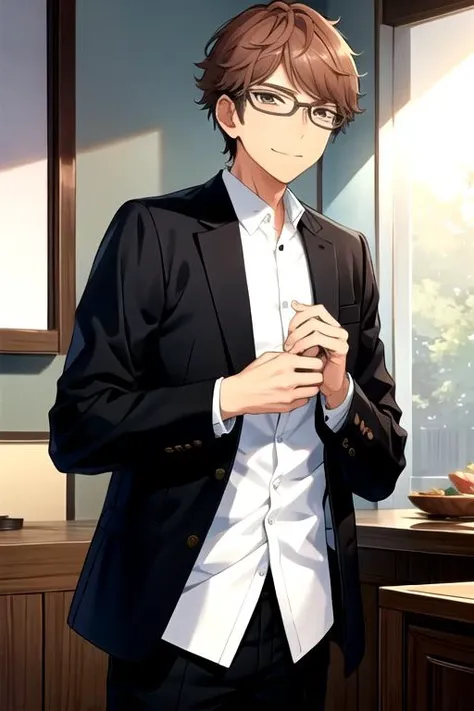<lora:AkiomiKunugi-02:0.75> , akiomi, looking at viewer, smile,shirt, long sleeves, closed mouth, jacket, white shirt, glasses, belt, pants, black belt, grey jacket, green pants