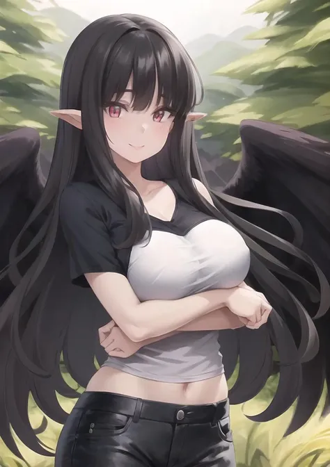 masterpiece, best quality, ultra-detailed, beautiful detailed eyes, extremely detailed eyes and face, 1girl, evereese, t-shirt, pants, ((large breasts)), standing, looking at viewer, smiling, forest, cowboy shot, upper body, <lora:Eve_Reese_v1:0.75>