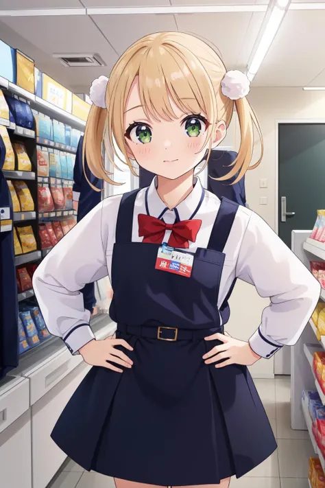 (masterpiece, best quality), intricate details,
1girl, <lora:Shigure Ui(vtuber):0.8> shigure ui (vtuber), blonde hair, green eyes, pinafore dress,pleated dress,randoseru,red bow,school uniform,sleeveless dress,twintails,white legwear,white shirt,
indoors, bedroom, cute, hands on hips, <lora:FAMIMA_scenery_SD15_V1:0.8> famima, scenery, indoors, japan, shop, ceiling, cashier, monitor, famimaU, employee uniform, id card, name tag, shirt,
