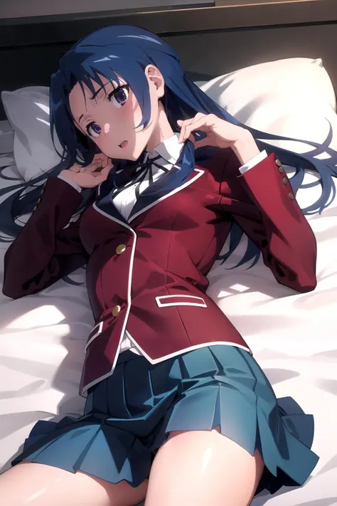 Masterpiece,best quality,<lora:ami-toradora-10:0.8>,ami kawashima, school uniform, red blazer, blue skirt, embarrassed, bedroom, on bed, lying
